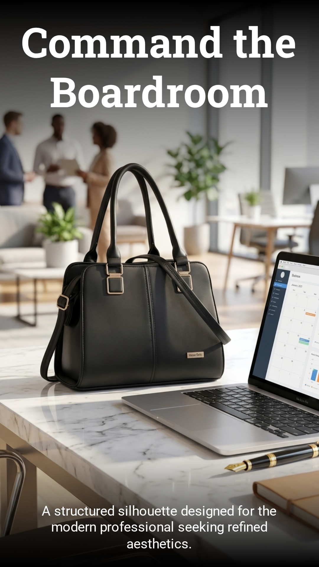 Structured black tote on marble desk in a boardroom setting